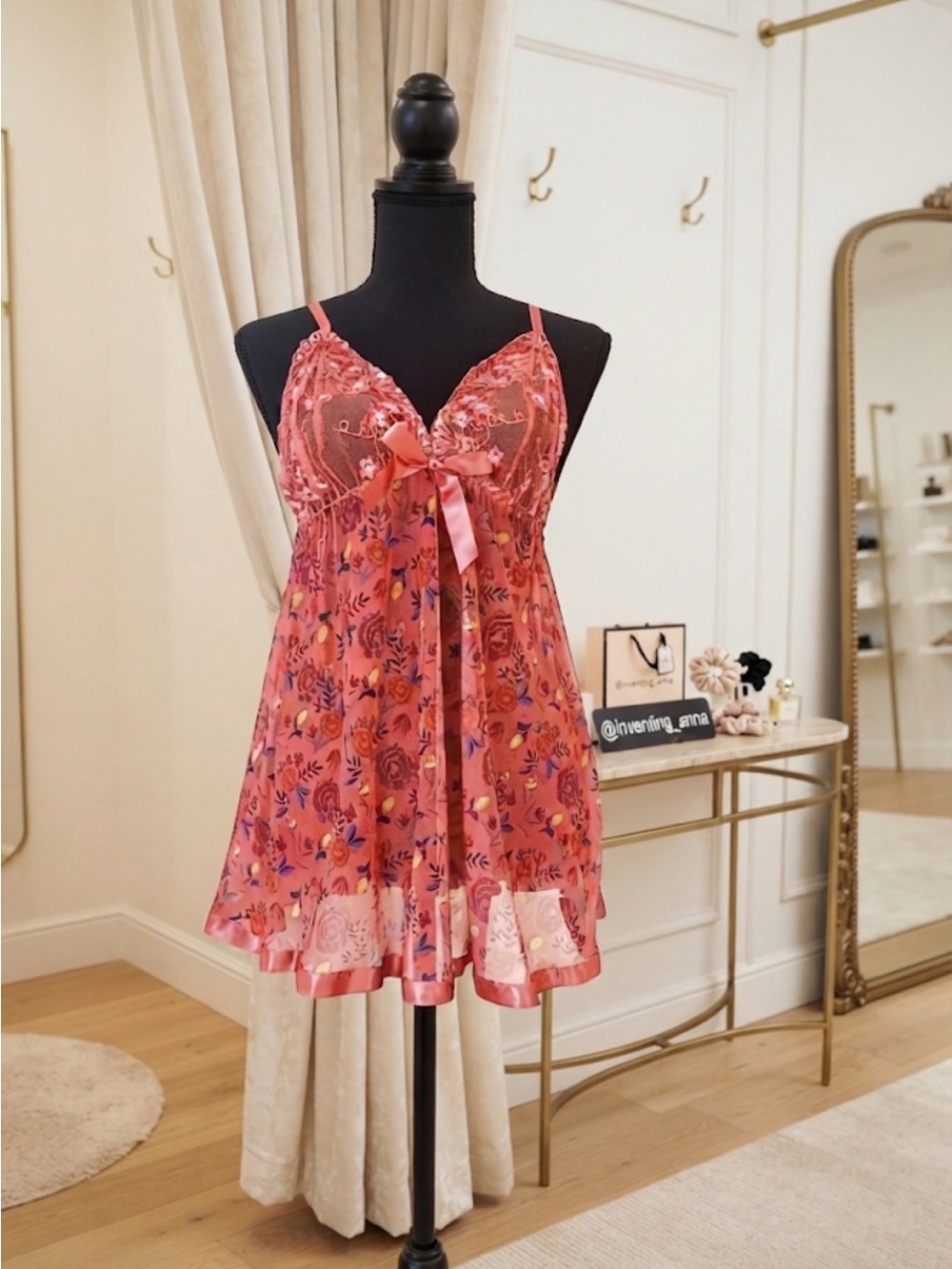 INTIMATE APPAREL Elegant Sheer Red Floral Chemise w/Sequins and Matching Thong